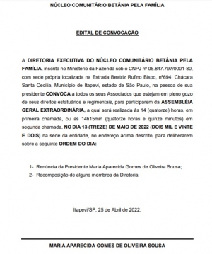 Edital de Convoca&ccedil;&atilde;o - N&uacute;cleo Comunit&aacute;rio Bet&acirc;nia Pela Fam&iacute;lia