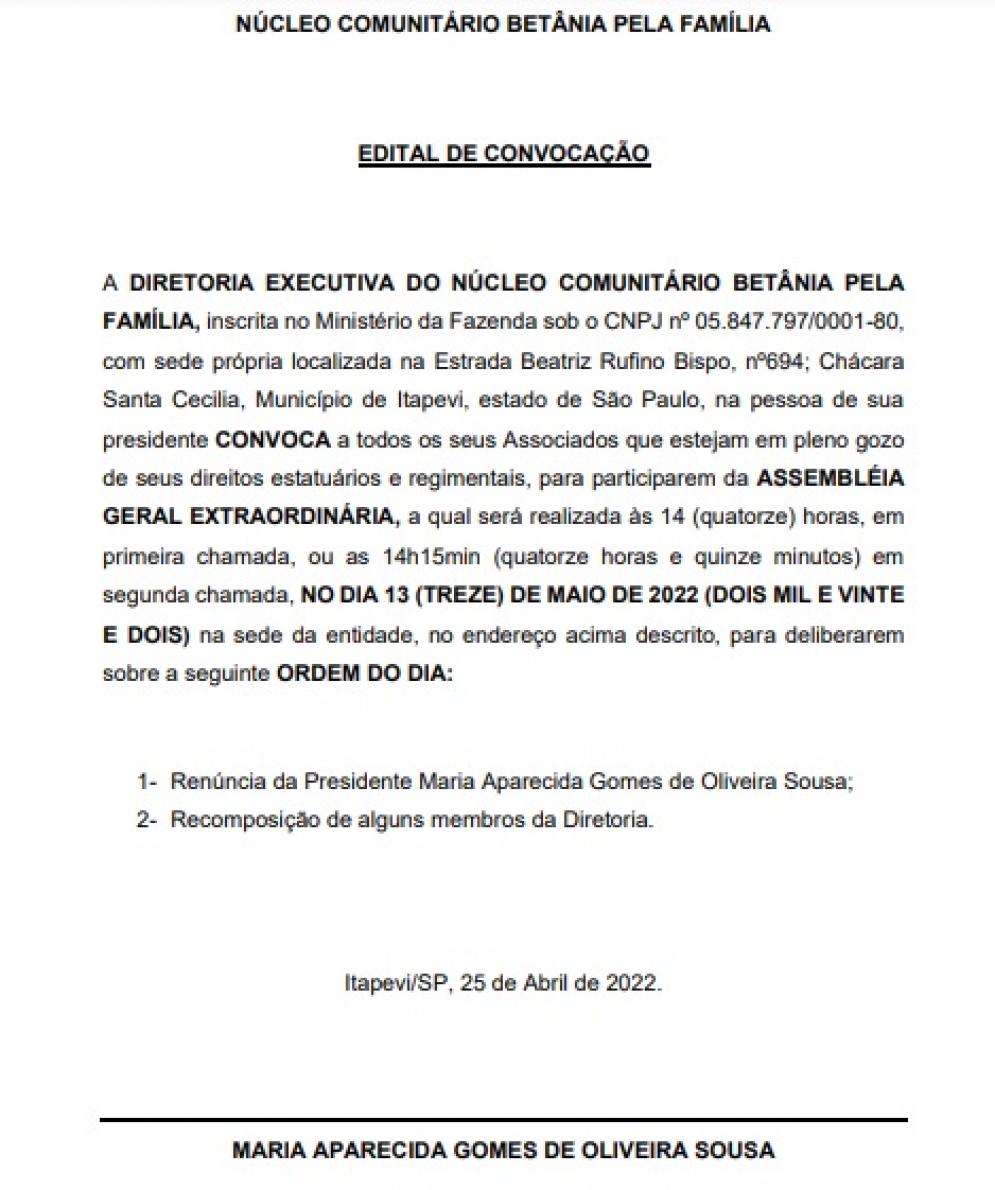Edital de Convoca&ccedil;&atilde;o - N&uacute;cleo Comunit&aacute;rio Bet&acirc;nia Pela Fam&iacute;lia
