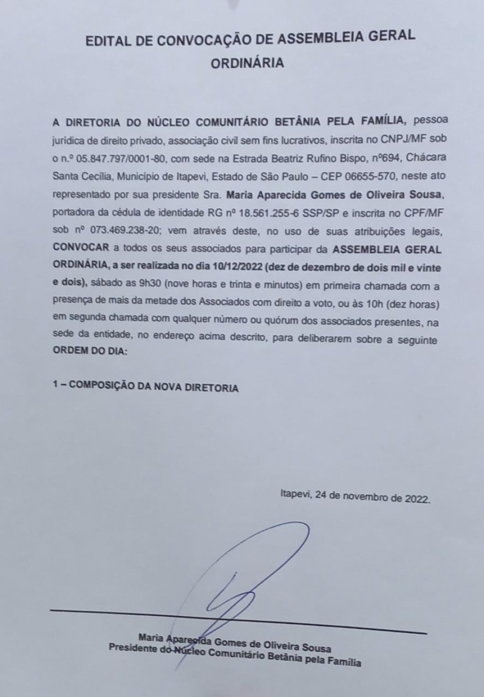 EDITAL - CONVOCA&Ccedil;&Atilde;O DE ASSEMBLEIA GERAL ORDINARIA- NUCLEO BET&Acirc;NIA