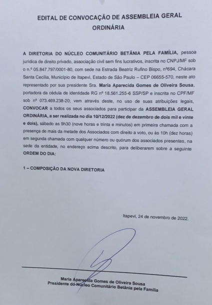 EDITAL - CONVOCAÇÃO DE ASSEMBLEIA GERAL ORDINARIA- NUCLEO BETÂNIA